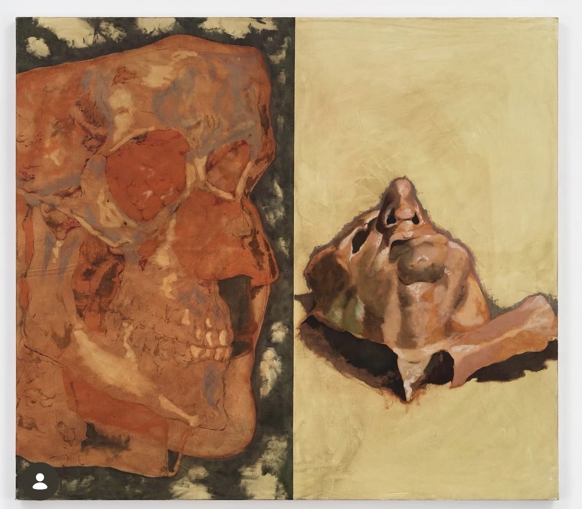 Diptych-like artwork by Henry Swanson with textured brown forms and a reclining figure.